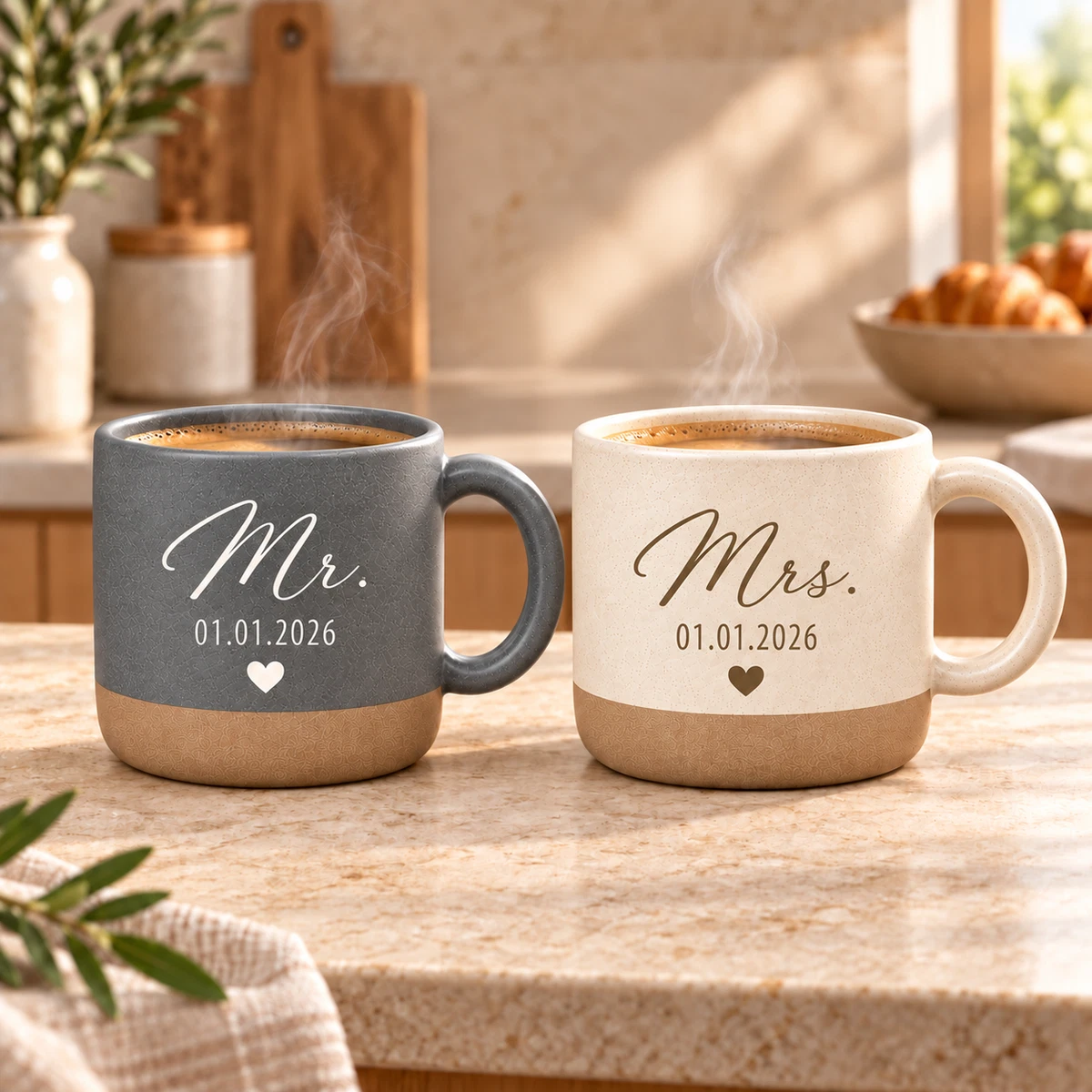 Personalisierte Mr. & Mrs. Tassen im 2er-Set mit Wunschdatum Keramiktassen 360ml