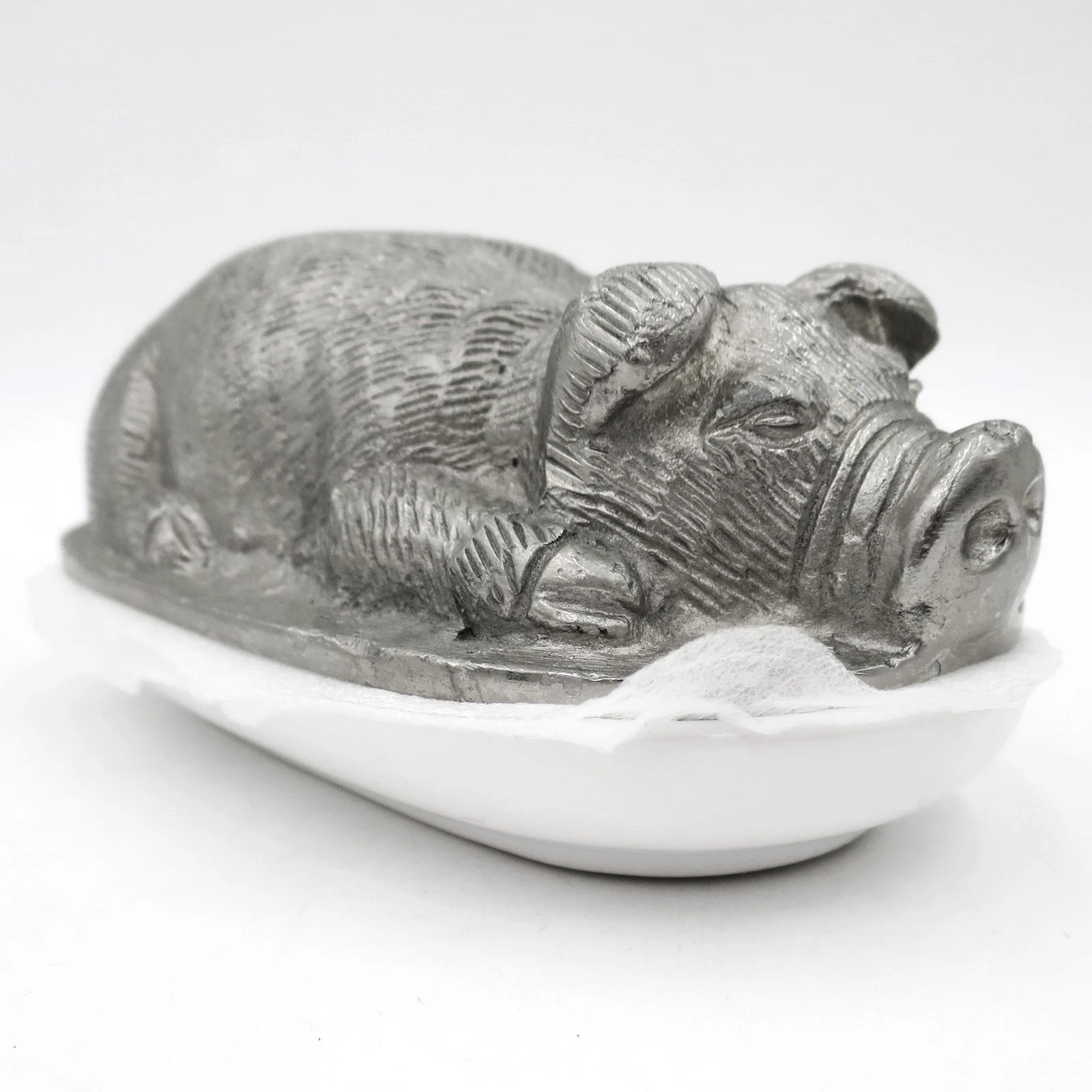 Pigsley Butter Dish Brushed Nickel and Porcelain Vintage New Unused Hard to Find