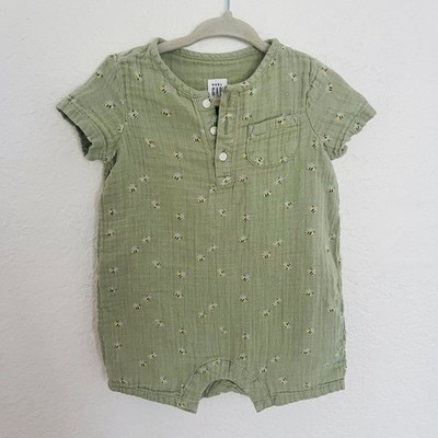 Baby Gap Sage Green Gauze Bee Print Henley Romper