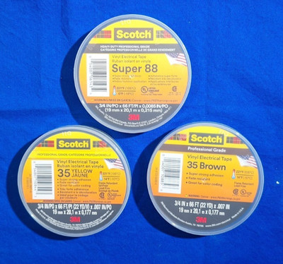 Scotch 3M 3 piece electrical tape lot Super 88, 35 Brown & 35 yellow all 3/4''X66