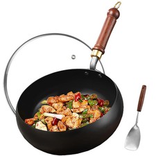 Carbon Steel Wok Pan, 11" Woks Stir-Fry Pans with Glass Lid Cookwares, Nons...