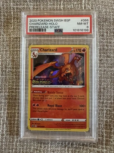 Rare 2020 POKEMON SWSH BLACK STAR PROMO PRERELEASE-STAFF #066 CHARIZARD PSA 8