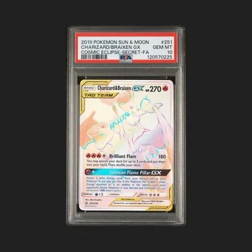 2019 POKEMON S&M COSMIC ECLIPSE SECRET FULL ART CHARIZARD & BRAIXEN GX PSA 10