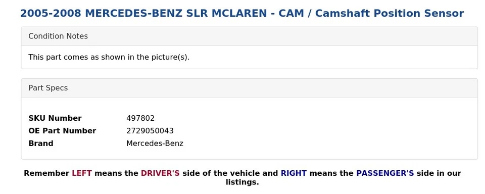 Mercedes-Benz SLR MCLAREN 2005-2008 - LEVA / sensor de posición del árbol de levas Foto 4 de 4