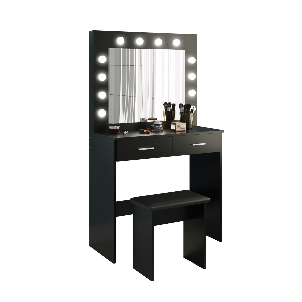 Black dresser with mirror and lights deals