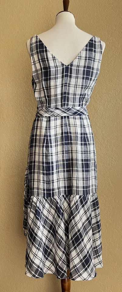 Nordstrom Signature Womens Linen Faux Wrap Plaid Belted Dress Size 8 $299 - Image 2 of 4
