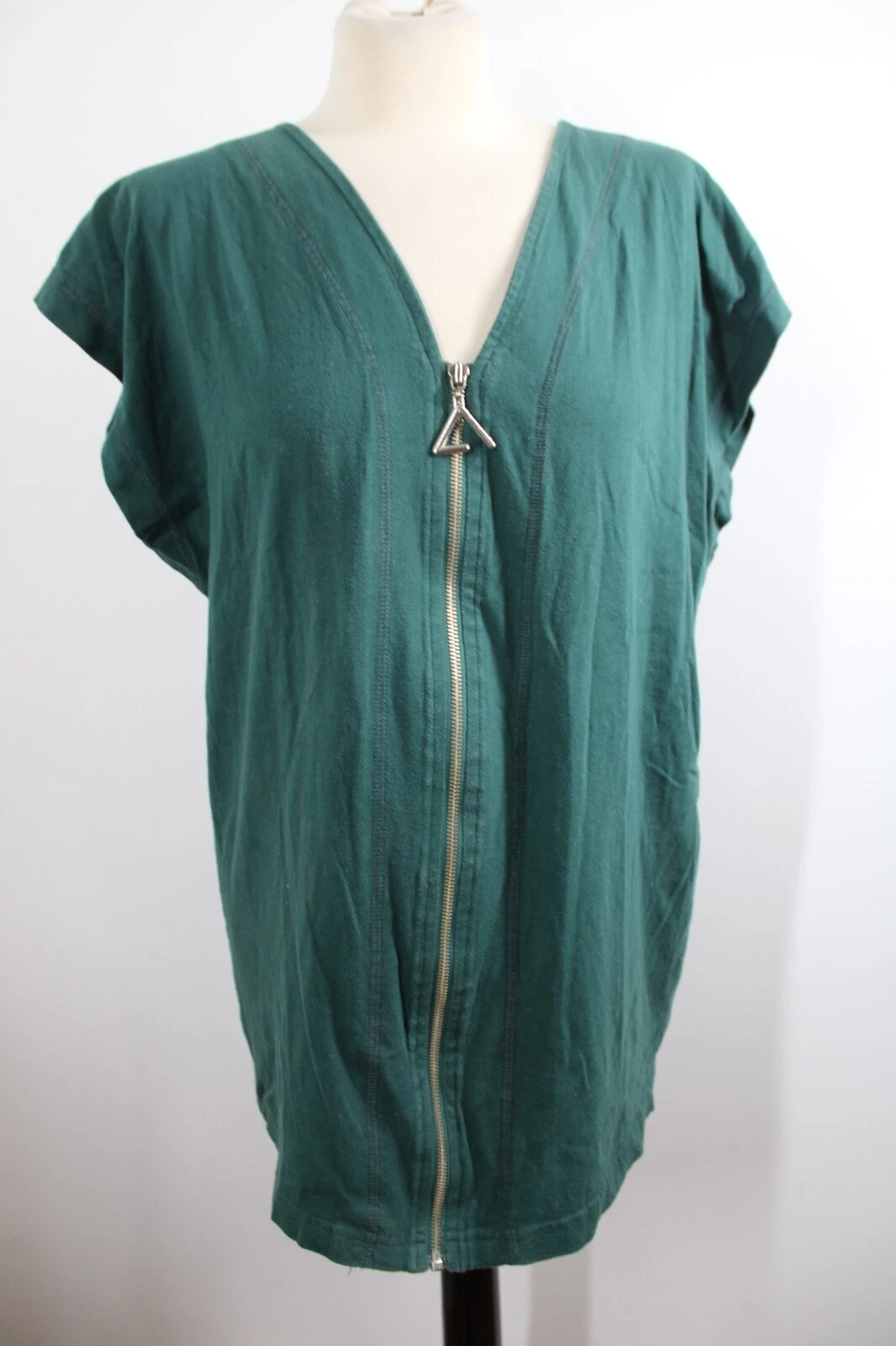 Vtg 80s Best Clothes Club L Green V-Neck Zip Front Boxy Cotton Tunic Top Vest