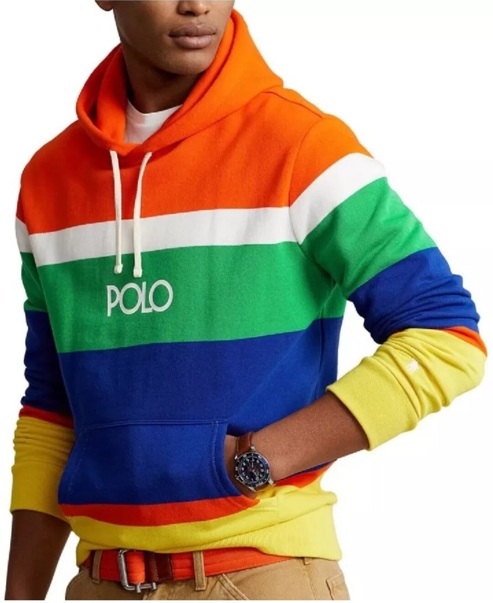 NWT Polo Ralph Lauren Multicolor STRIPED Logo Fleece Hoodie