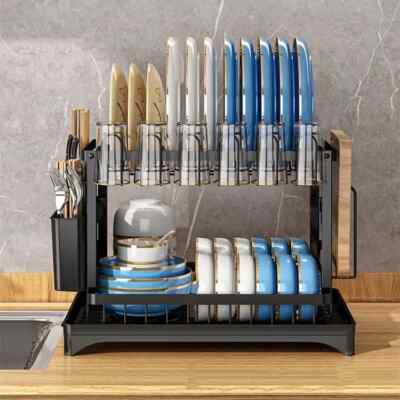 Large Two-Tier Dish Drainer Rack System Black Metal Swivel Drain