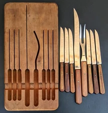 Vintage Lady Hibbard Table Steak Knife 8-pc Set w Wood Block 6 Knives 1 Carving 