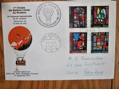 Switzerland FLOWN HOT AIR BALLOON FLIGHT SIGNED BY PILOT+INFO CARD 1971 BRASSUS