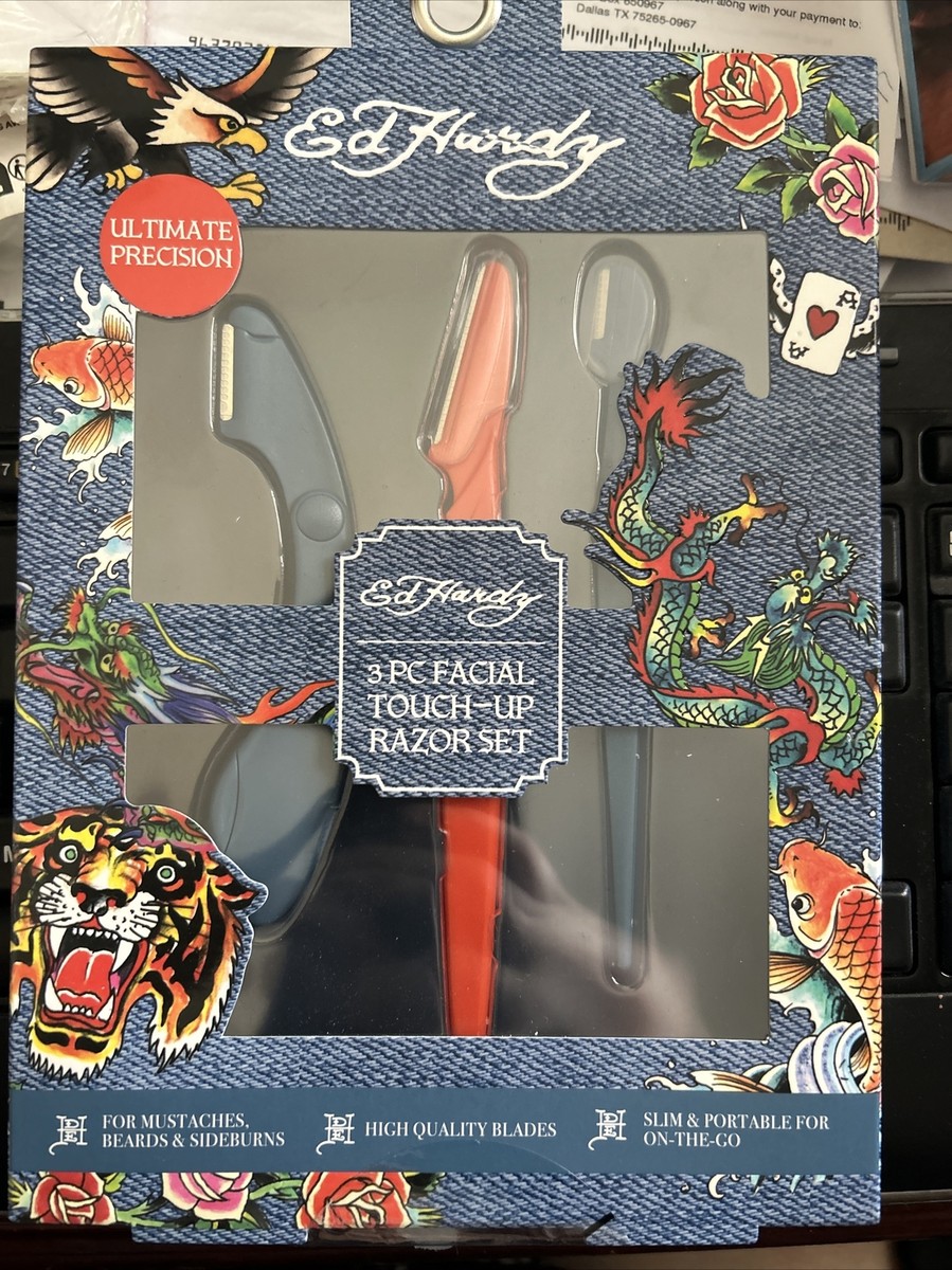 Ed Hardy 3 pc men's Facial Touch-up Razor Set travel grooming kit
