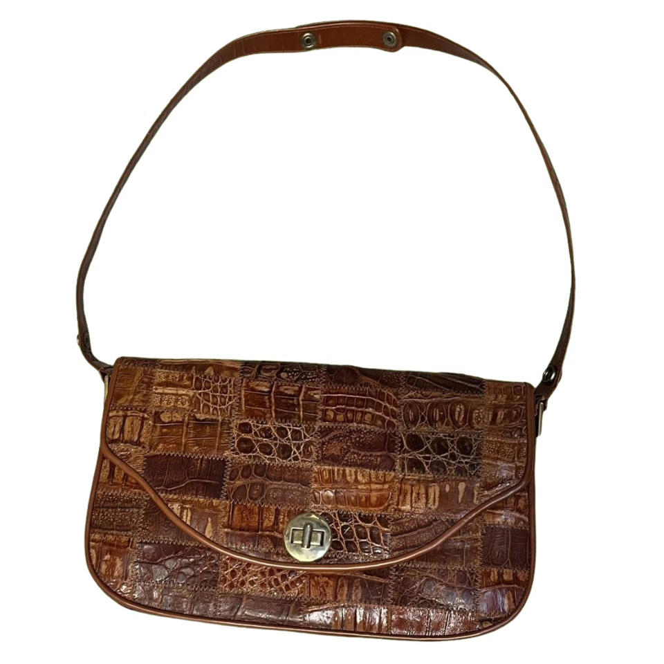 Sac À Épaule Vintage Années 70 En Cuir Beige Crocodile Imprimé Hippy Boho Rétro - Photo 1/4