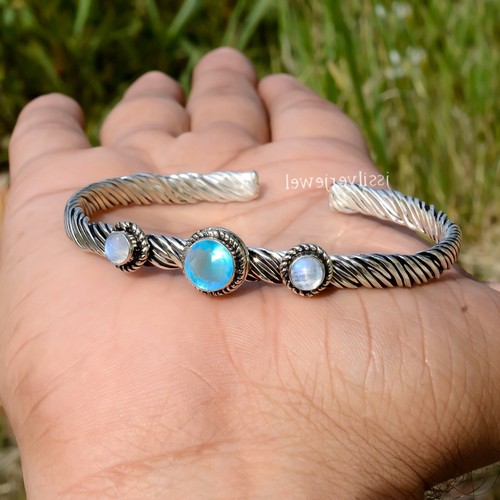 Bracelet Ajustable En Argent 925 Avec Pierre De Lune Et Topaze Bleue - Fait Main - Neuf Sans Emballage