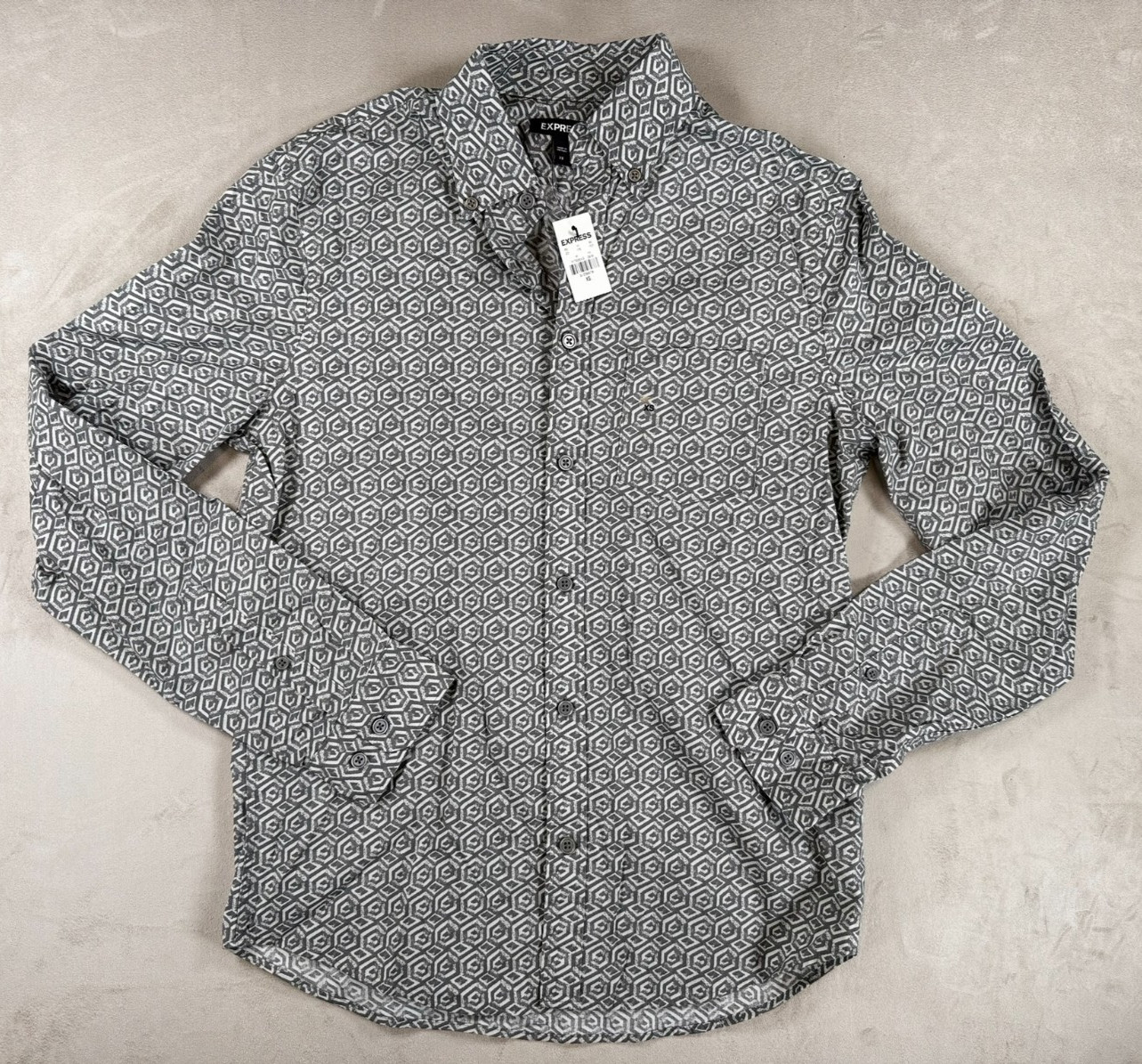 NWT Express Button Up Shirt Men's XS Gray Geometric Long Sleeve Stretch