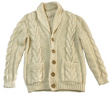 Vintage Sweater Cardigan Fisherman Cable Knit THANE Acrylic Cream Men's L / XL