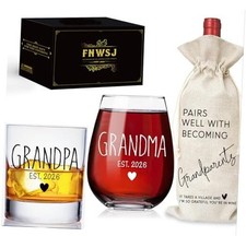 Promoted to Grandma And Grandpa Est 2026 Whiskey And Wine Glass - Baby