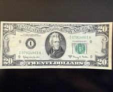 1963 $20 Federal Reserve Note Green Seal Andrew Jackson I07914863A