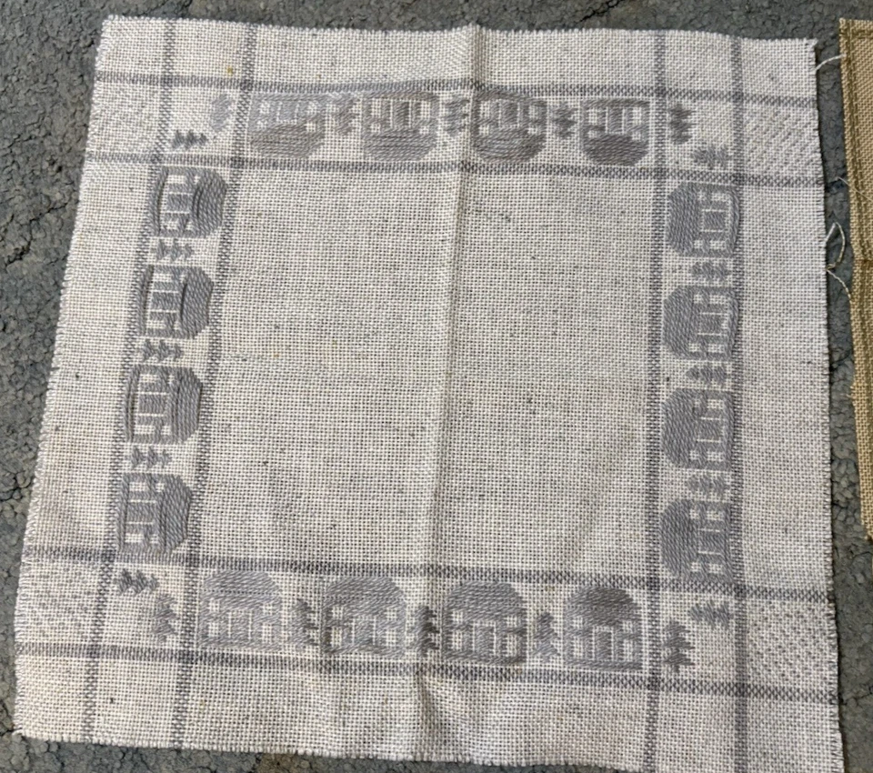 Rare Lot of 2 Cross Stitch Fabric w. machine embroidered border (Tan/Off Gray) - Image 2 of 3