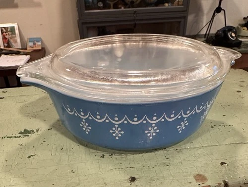 Vintage Pyrex Blue & White Garland Snowflake 1 Pt Casserole #471 W/ Lid 470C