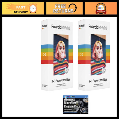 2 Pack Polaroid Hi-Print 2x3'' Photo Paper Cartridges - 40 Sheets + Microfiber Cl