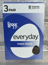Leggs L'eggs Everyday Thigh Highs Sheer Toe Suntan Size B 3 Pairs New in Box
