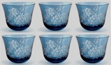 Votive Candle Holder Glass Sky Blue Etched Leaf Design 3"Dia 2.5"High Set of 6