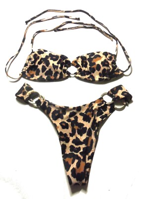 Shein Leopard Cat Anlmal Print Thong Like Bandeu Bikini Size Small NWOT