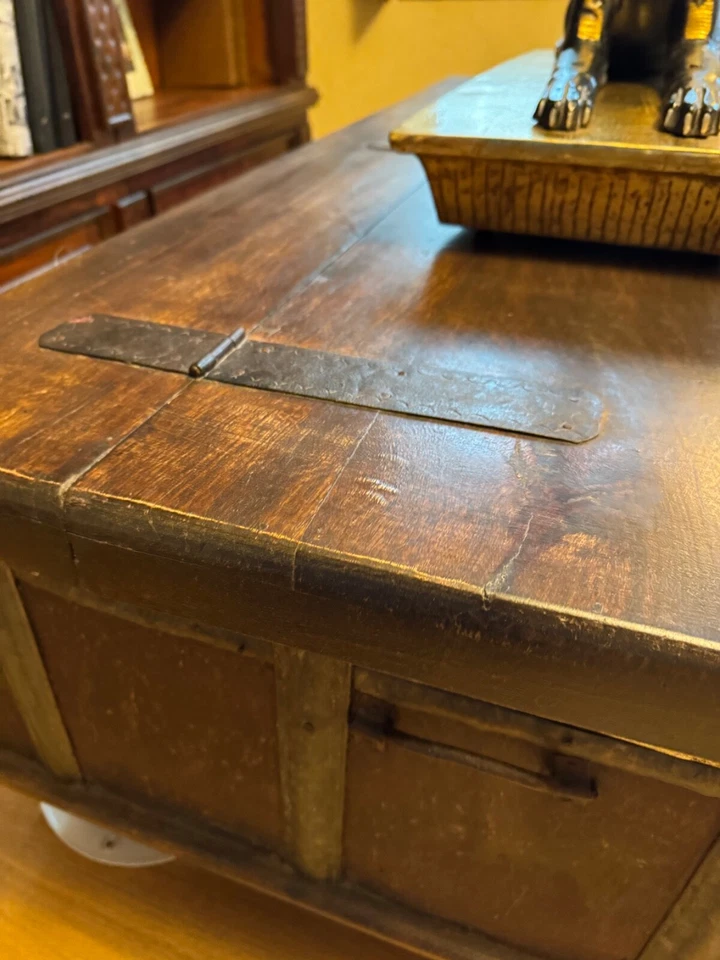 Large Antique India Dowry Trunk Chest Iron Strapped Hinged, 55.5"W x 28"D X 19”T - Image 4 of 4