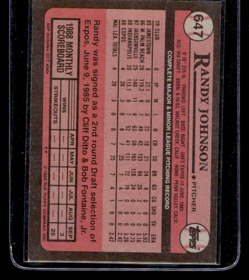 1989 Topps #647 Randy Johnson RC (ref 226947) - Image 2 of 2