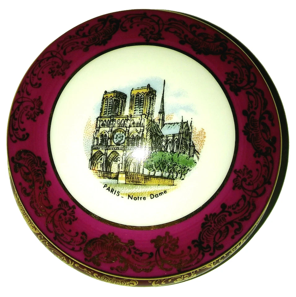 复古 Limoges Notre Dame 瓷陶瓷金红色盒 法国 1960 年 礼物 罕见 — 第 2/4 张图片