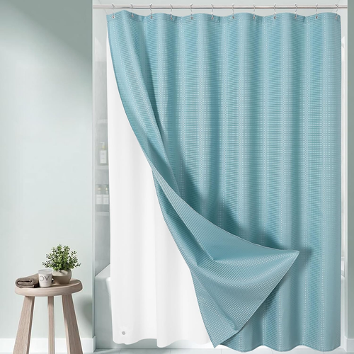 3 in 1 Shower Curtain Set, Teal Blue Waffle Shower Curtain and PEVA Liner Set wi