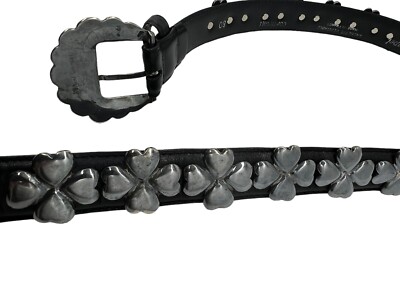 Vintage Richard Gampel Black Belt W Silver Hearts Richard Gampel Black Leather Belt Silver Four Leaf Clover  main image 2