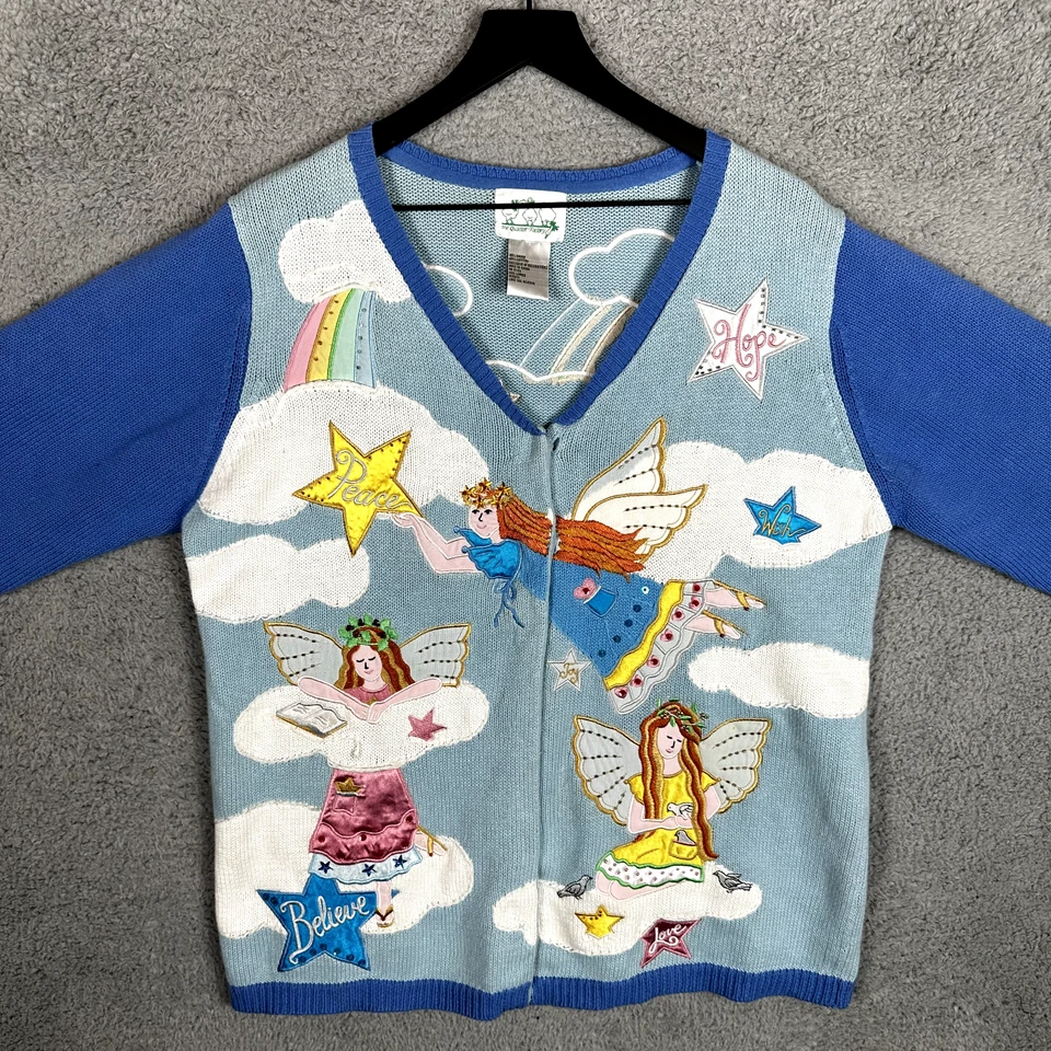 Cárdigan tejido vintage cristiano Navidad años 90 suéter grande pesado cielo Foto 2 de 4