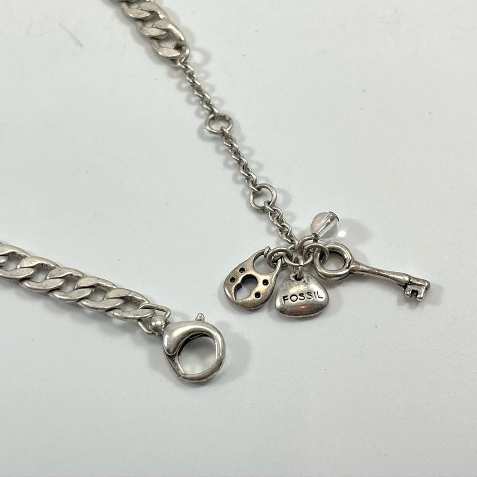 Fossil White Glass Rhinestone Silver Tone Statement Necklace Chain Charms Trendy - Image 4 of 4