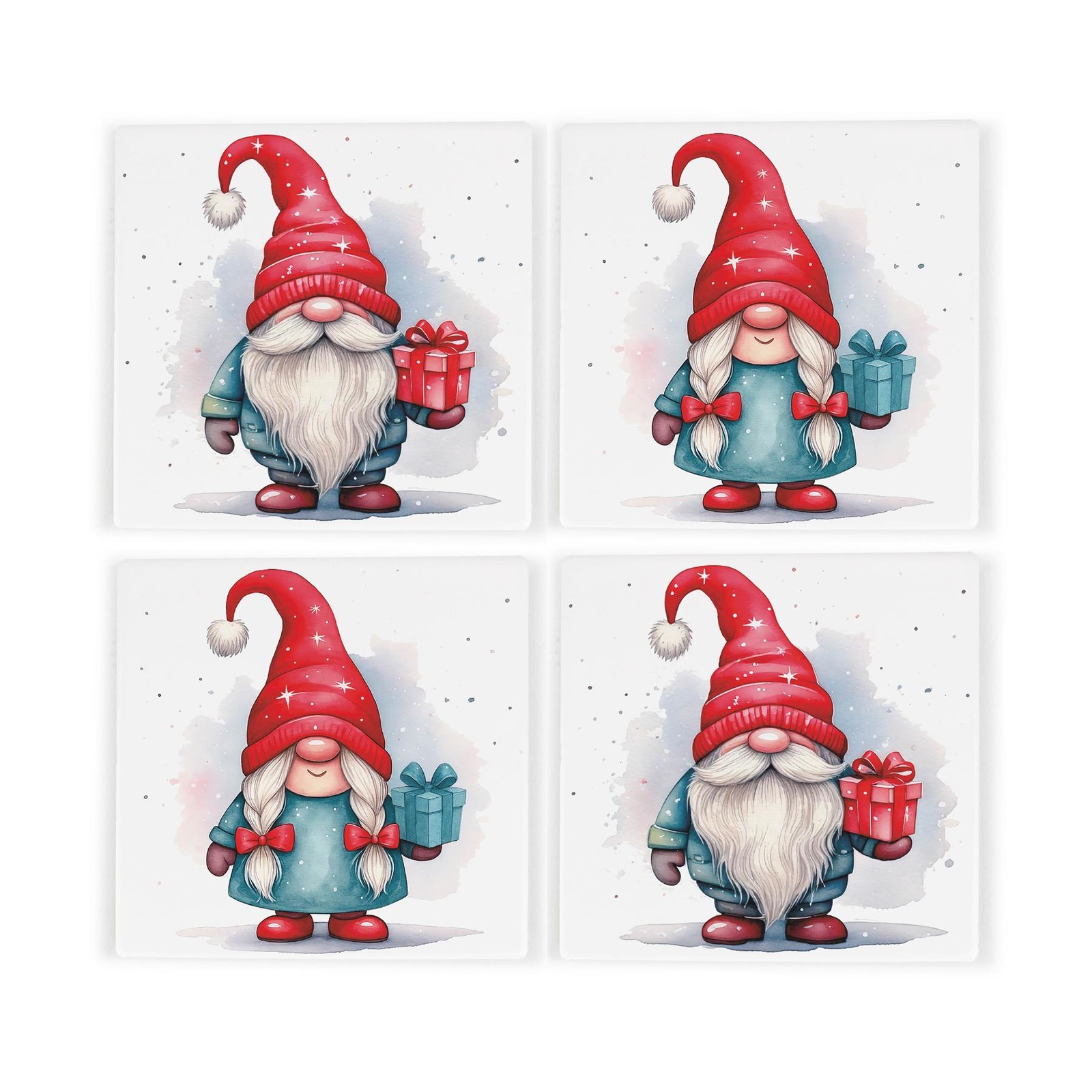 Christmas Gonks Ceramic Coaster Set - Novelty Xmas Gnomes - Set of 4