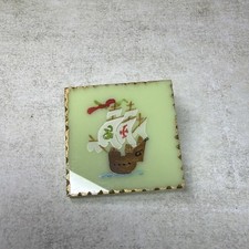 Vintage Retro Handpainted Galleon Portuguese Caravell Brooch Pin Green Acrylic 