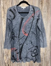 Jess & Jane Tunic Top Womens Medium Abstract Artistic Boho Artsy Gray 3/4 Sleeve