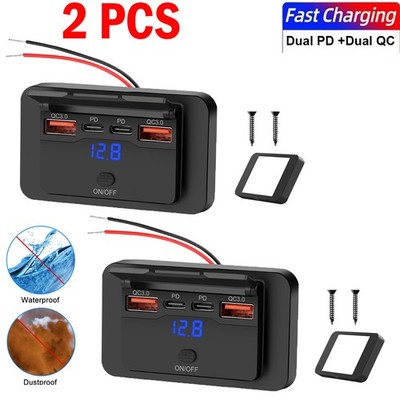 2ps 12-24V QC3.0&PD USB Fast Charger Socket Panel Car Power Outlet LED Voltmeter