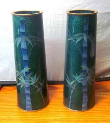 Pair Antique Japanese Meiji Era Ginbari Green Enamel Cloisonne Vases Bamboo - Image 1 of 3
