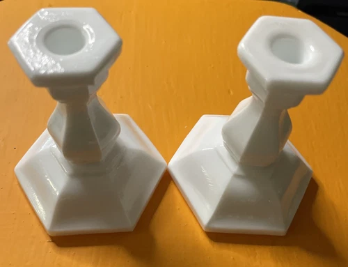 Pair of Vintage TIARA 3” Mini White Milk Glass Candlestick Holders Skinny Tapers