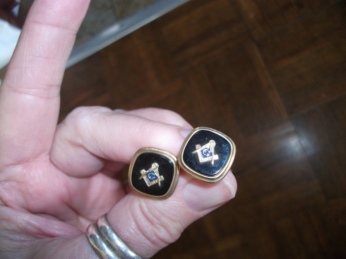 Vintage Goldtone & Black Masonic Krementz Masons Cufflinks