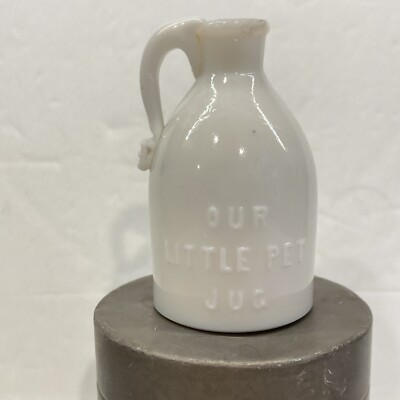 VTG MOLD BLOWN APPLIED HANDLE MILK GLASS OUR LITTLE PET JUG SAMPLE LIQUOR BOTTLE