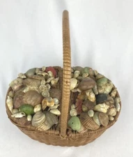Vintage Sewing Basket Box Wicker Duel Lid Covered In Shells Handle Oval 10"