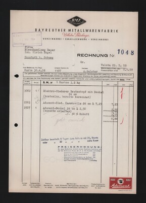 BAYREUTH, Rechnung 1958, Wilhelm Schönberger Metallwaren-Fabrik Verzinkerei