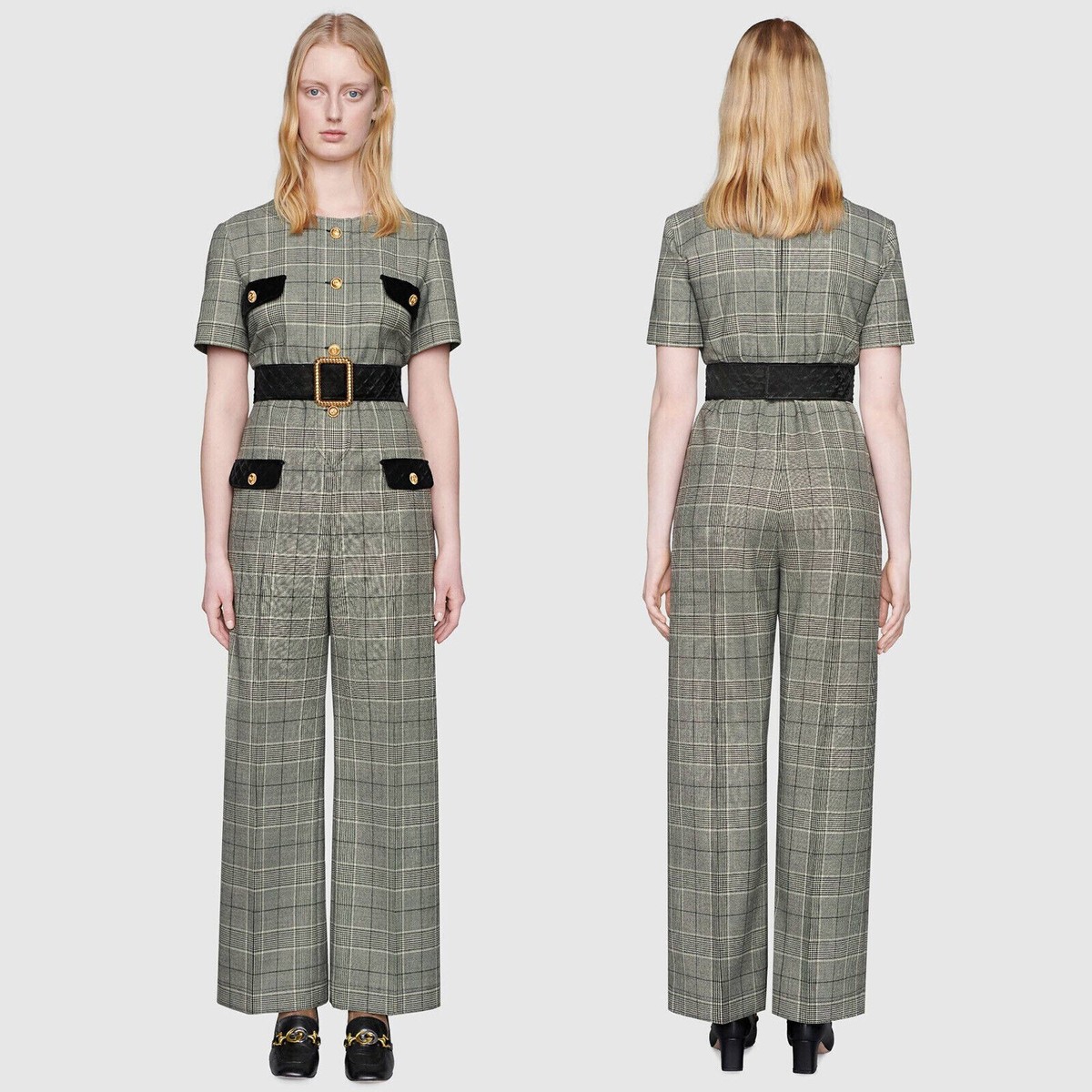 NWT $4.7 GUCCI Gray Plaid Belted Checked Wool Jumpsuit, IT
