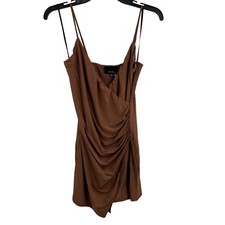 Lumiere Brown Faux Wrap Ruched Mini Dress XS New