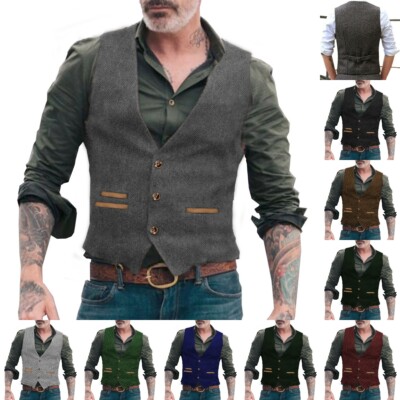Herren Jagd Westen Hipster Tweed Weste Retro Herringbone Wolle Vintage Hochzeit