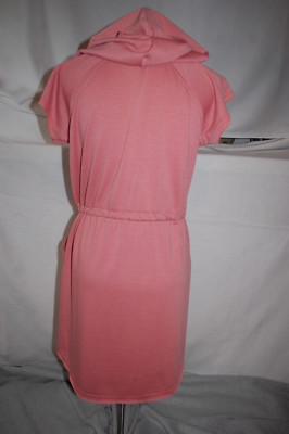 Jr Womens DUSTY ROSE MAUVE KNIT JERSEY DRESS Hooded POCKETS Drawstring Waist L