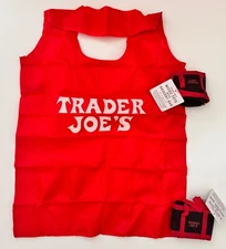 Lot 2 Trader Joes Red Black Mini Micro Tote With Reusable Shopping Bag 2 In 1